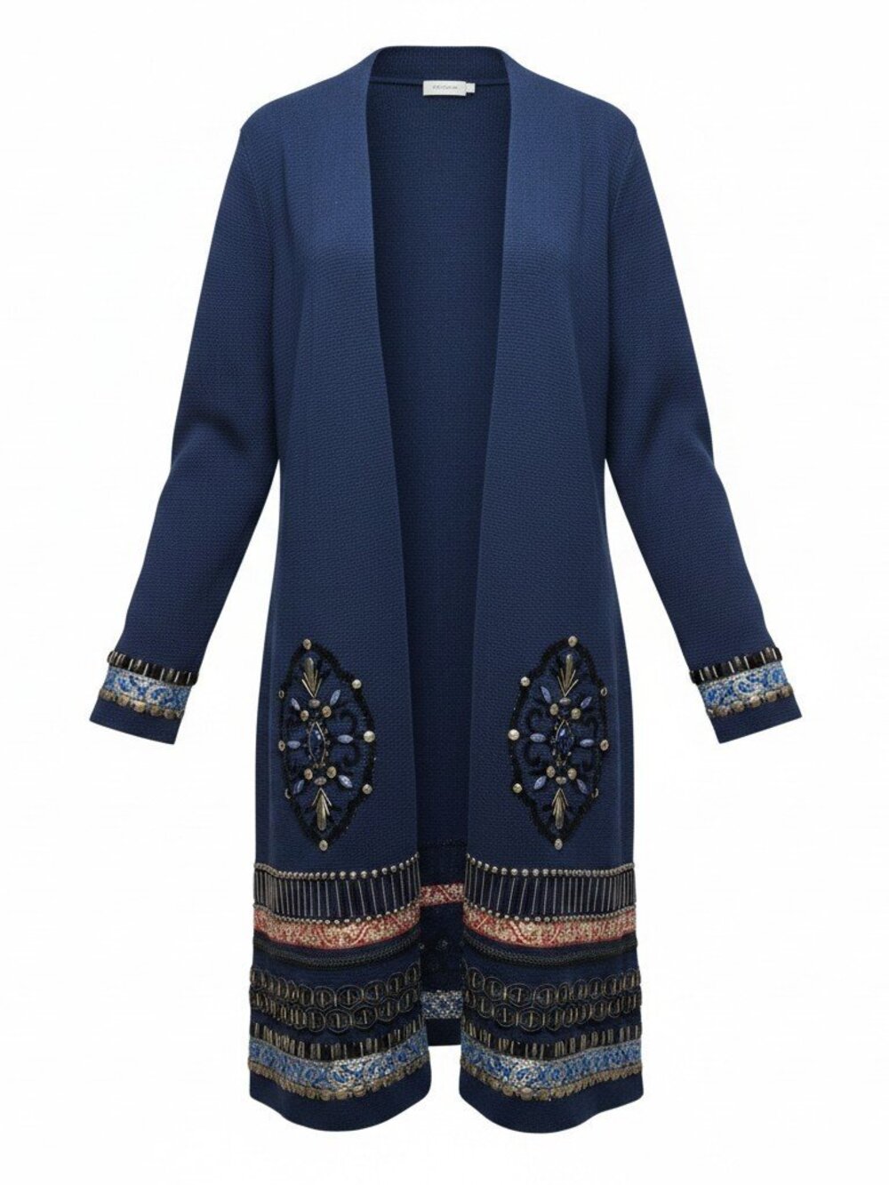 Chico's Navy Embellished Long Cardigan Duster Size 2 L 100% Cotton